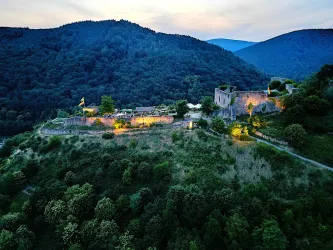 Eine beeindruckende Burg auf einem Hügel, umgeben von grünen Wäldern. Die Abenddämmerung verleiht der Szene eine magische Atmosphäre.