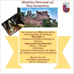 Eine Einladung zu einem öffentlichen Rittermahl auf der Burg Spangenberg. Das Event findet am 21. März 2026 statt und bietet ein besonderes Erlebnis mit Speisen und Getränken.
