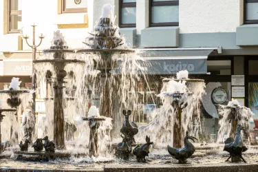 Ein schöner Brunnen mit sprudelndem Wasser und dekorativen Figuren. Die Szene vermittelt eine entspannende Atmosphäre in der Stadt.