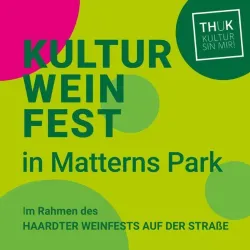 Ein buntes Plakat für das Kultur-Weinfest im Matterns Park. Es wird im Rahmen des Haardter Weinfests auf der Straße veranstaltet.