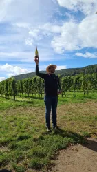 Ein Mann steht in einem Weinberg und hebt eine Flasche in die Luft. Im Hintergrund sind Weinreben und ein blauer Himmel zu sehen.