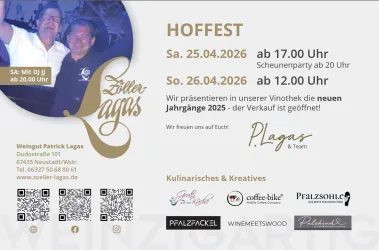 Ein Werbeflyer für das Hoffest im Weingut Patrick Lagas. Es zeigt Informationen zu den Veranstaltungsterminen und Programmdetails.