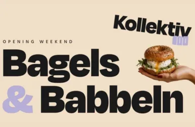 Ein Werbeplakat für die Eröffnung eines neuen Lokals mit dem Namen "Kollektiv 100". Es zeigt einen handgehaltenen Bagel mit frischen Zutaten und den Text "Bagels & Babbeln".