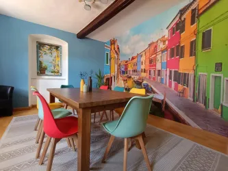 Ein stilvoller Essbereich mit einem großen Holztisch und bunten Stühlen. An der Wand ist ein lebhaftes Bild einer farbenfrohen Stadtlandschaft zu sehen.