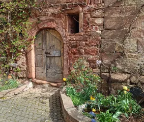 Eine alte Holztür in einer rotsteinerne Wand, umgeben von Blumen und Pflanzen. Der Weg besteht aus Kopfsteinpflaster und verleiht der Szene einen rustikalen Charme.
