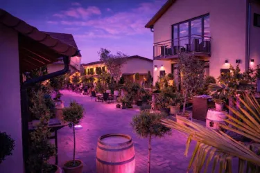 Eine charmante Außenanlage mit gemütlichen Sitzbereichen und vielen Pflanzen. Der Himmel ist violett gefärbt, was eine romantische Atmosphäre schafft.