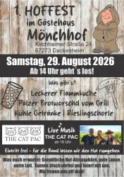 Plakat mit Text - Programm der Veranstaltung mit einem gezeichneten Mönch und einem Bild der Musikgruppe THE CAT PAC 