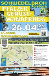 Eine Veranstaltung für die Pfälzer Genuss-Wanderung in Schwedelbach. Der Rundweg beträgt 8,2 km und bietet Speisen und Getränke von 11 bis 16 Uhr.