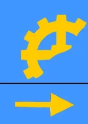 Ein gelbes Zahnrad neben einem nach rechts zeigenden Pfeil auf einem blauen Hintergrund. Das Bild symbolisiert Bewegung und Fortschritt.