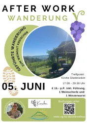 Ein Werbeplakat für eine geführte Wanderung zum Weingut Kreischer. Das Event findet am 5. Juni von 17:00 bis 20:30 Uhr statt und beinhaltet Weinverkostung und Snacks.