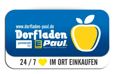 Ein modernes Logo für einen Dorfladen mit dem Namen "Dorfladen Paul". Der Slogan betont die Verfügbarkeit rund um die Uhr und die regionale Einkaufsmöglichkeit.