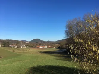 Eine grüne Landschaft mit sanften Hügeln und einem klaren blauen Himmel. Im Hintergrund sind ein Dorf und einige Bäume zu sehen.