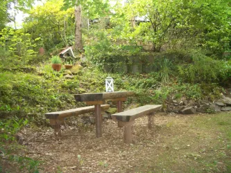 Ein ruhiger Garten mit einer Holztischgruppe und einer Laterne in der Mitte. Umgeben von grünen Pflanzen und Bäumen.