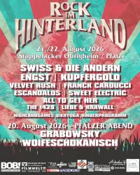 Ein Plakat für das Musikfestival "Rock im Hinterland" mit verschiedenen Künstlern. Das Festival findet vom 20. bis 22. August 2026 in Stoppelacker Obersheim, Pfalz, statt.