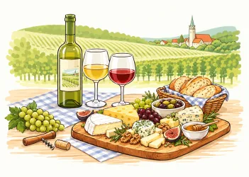 Ein schöner Picknicktisch mit einer Auswahl an Käse, Trauben und Nüssen. Im Hintergrund sind Weinberge und ein Dorf mit einem Kirchturm zu sehen.