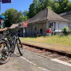 Ein Radfahrer steht mit seinem Fahrrad am Bahnhof. Im Hintergrund ist das Bahnhofsgebäude und die umliegende grüne Landschaft zu sehen.