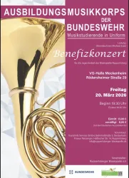 Ein Plakat für ein Benefizkonzert des Ausbildungsmusikkorps der Bundeswehr. Es zeigt ein glänzendes Blechblasinstrument und enthält Informationen zum Zeitpunkt und Ort der Veranstaltung.