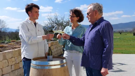 Drei Personen halten Gläser und stoßen an. Im Hintergrund sind Weinberge und ein blauer Himmel zu sehen.