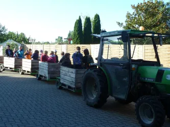 Fröhliche Kinder sitzen in großen Apfelsteigen mit Rädern und werden von einem Traktor für eine Rundfahrt durch die Apfelplantage vom Bleichhof in Meckenheim gezogen. 