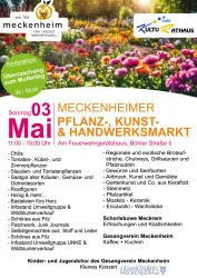 Ein bunten Flyer für den Meckenheimer Pflanzen-, Kunst- und Handwerkermarkt. Der Markt findet am 3. Mai von 11:00 bis 15:00 Uhr statt und bietet eine Vielzahl von Ständen und Aktivitäten.