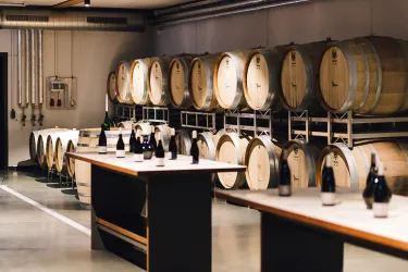 Ein moderner Weinkeller mit hölzernen Fässern und stilvollen Tischen. Die Umgebung ist gut beleuchtet und vermittelt eine einladende Atmosphäre.