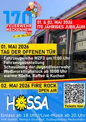 Das Bild zeigt ein Plakat für das 170-jährige Jubiläum der Feuerwehr Meckenheim. Es enthält Informationen zu einem Tag der offenen Tür und einem Open-Air-Event, datiert auf den 1. und 2. Mai 2026.