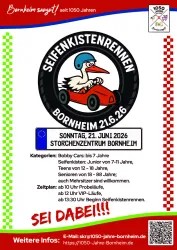 Ein Werbeplakat für das Seifenkistenrennen in Bornheim. Das Event findet am 21. Juni 2026 im Storchenzentrum statt und ist für verschiedenen Altersgruppen.