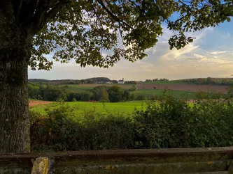Eine malerische Landschaft mit grünen Feldern und sanften Hügeln. Im Hintergrund ist eine kleine Kirche unter einem weiten, bewölkten Himmel zu sehen.