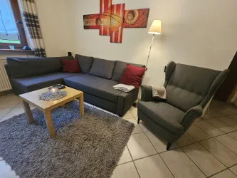 Ein gemütliches Wohnzimmer mit einem grauen Sofa und einem bequemem Sessel. Ein kleiner Tisch steht auf einem Teppich und es gibt eine Lampe zur Beleuchtung.