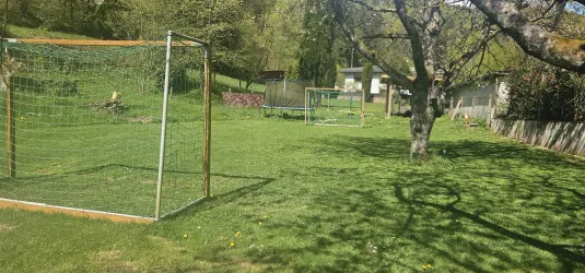 Ein Fußballplatz im Freien mit zwei Toren und frischem, grünem Rasen. Im Hintergrund sind Bäume und eine ruhige Umgebung zu sehen.