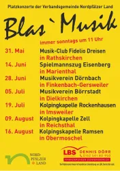 Ein Plakat für Platzkonzerte in Nordpfälzer Land. Es listet die Termine und Veranstaltungsorte für die Blasmusik jeden Sonntag um 11 Uhr auf.