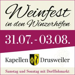 Ein Wein fest in den Winzerhöfen findet vom 31.07. bis 03.08. in Kapellen Drusweiler statt. Es gibt einen Dorfflohmarkt am Samstag und Sonntag.