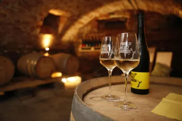 Ein gemütlicher Weinkeller mit Fässern im Hintergrund. Zwei Gläser Wein und eine Flasche stehen auf einem Holzfass.