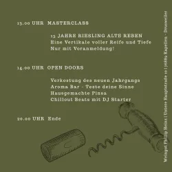 Ein Veranstaltungshinweis für eine Weinmasterclass und Open Doors. Die Aktivitäten umfassen Verkostungen und Chillout Beats mit DJ.