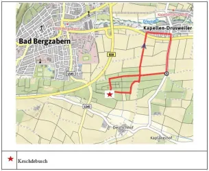 Eine Karte von Bad Bergzabern mit markierten Wegen. Der Standort "Keschdébusch" ist deutlich gekennzeichnet.