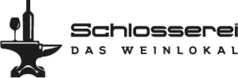 Ein elegantes Logo mit dem Schriftzug "Schlosserei - Das Weinlokal". Es zeigt ein Glas und eine Flasche Wein neben einem Amboss.