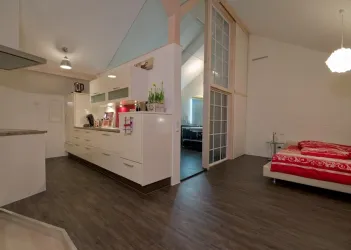 Eine moderne Wohnung mit einem offenen Küchenbereich und einem gemütlichen Schlafzimmer. Der Boden ist aus dunklem Holz und die Wände sind hell gestrichen.