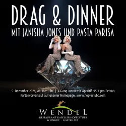 Ein Werbeplakat für eine Drag-Show und Dinner, präsentiert von Janisha Jones und Pasta Parisa. Das Event findet am 5. Dezember 2026 im Wendel Restaurant statt.