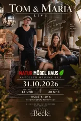 Ein Plakat für ein Konzert von Tom und Maria. Es enthält Informationen zum Datum, Uhrzeit und Ort der Veranstaltung.