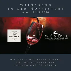 Ein Einladungsplakat für einen Weinabend in der Hopfestubb am 21.11.2026. Es zeigt ein Weinglas vor einem farbenfrohen Hintergrund sowie die Logos der teilnehmenden Brennereien.