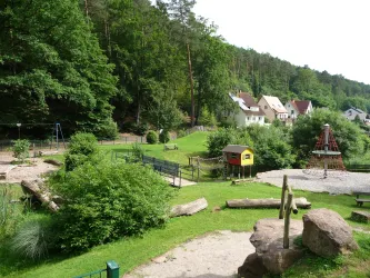 Der schöne Waldspielplatz von Lindenberg (Pfalz), umgeben von Bäumen und Sträuchern. Im Hintergrund sind einige Häuser sichtbar.