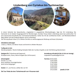 Ein Plakat für die Veranstaltung "Lindenberg von Cyriakus bis Tuchmacher" - der Kultur- u. Weinbotschafterin Maja Weber in Lindenberg (Pfalz). Darauf sind alle wichtigen Infos zu finden.