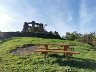 Ein Holzpicknicktisch mit Bänken steht auf einer grünen Wiese. Im Hintergrund das Kriegerdenkmal von Weidenthal und ein blauer Himmel zu sehen.