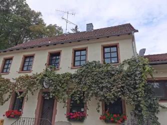 Ein gemütliches Haus mit einer Pflanze, die die Fassade bedeckt. Vor dem Fenster blühen rote Blumen. Hier ist die Fassada der Gaststätte Forsthaus Silbertal zu sehen.