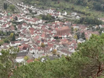 Eine malerische Stadt mit zahlreichen Häusern und roten Dächern. Im Hintergrund ist eine große Kirche zu sehen, umgeben von einer hügeligen Landschaft. Der Blick geht auf die Tuchmacherstadt Lambrecht (Pfalz)
