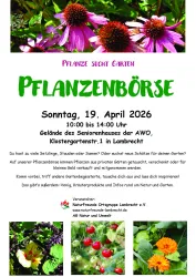 Ein bunter Veranstaltungshinweis für eine Pflanzenbörse mit verschiedenen Blumen und Pflanzen. Die Veranstaltung findet am 19. April 2026 in Lambrecht statt.