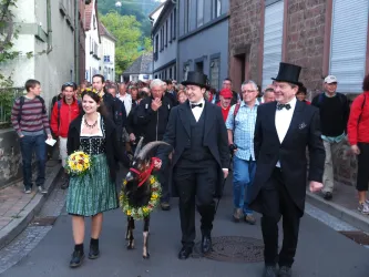 Eine Gruppe von Menschen marschiert durch eine enge Straße. Zwei Männer in Frack und eine Frau in traditioneller Tracht führen eine Ziege, die geschmückt ist.