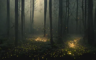 Ein mystischer Wald mit hohen Bäumen und dichten Nebel. Der Boden ist mit vielen leuchtenden Glühwürmchen bedeckt.