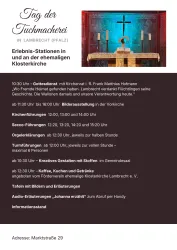 Ein Informationsplakat für den "Tag der Tuchmacherei" in Lambrecht (Pfalz). Es enthält verschiedene Veranstaltungen und Zeiten, die in der Klosterkirche stattfinden.