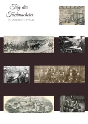 Eine Sammlung von historischen Fotografien zum Tag der Tuchmacherei in Lambrecht, Pfalz. Die Bilder zeigen verschiedene Szenen aus der Tuchmacherei, darunter Fabriken und Arbeiter.